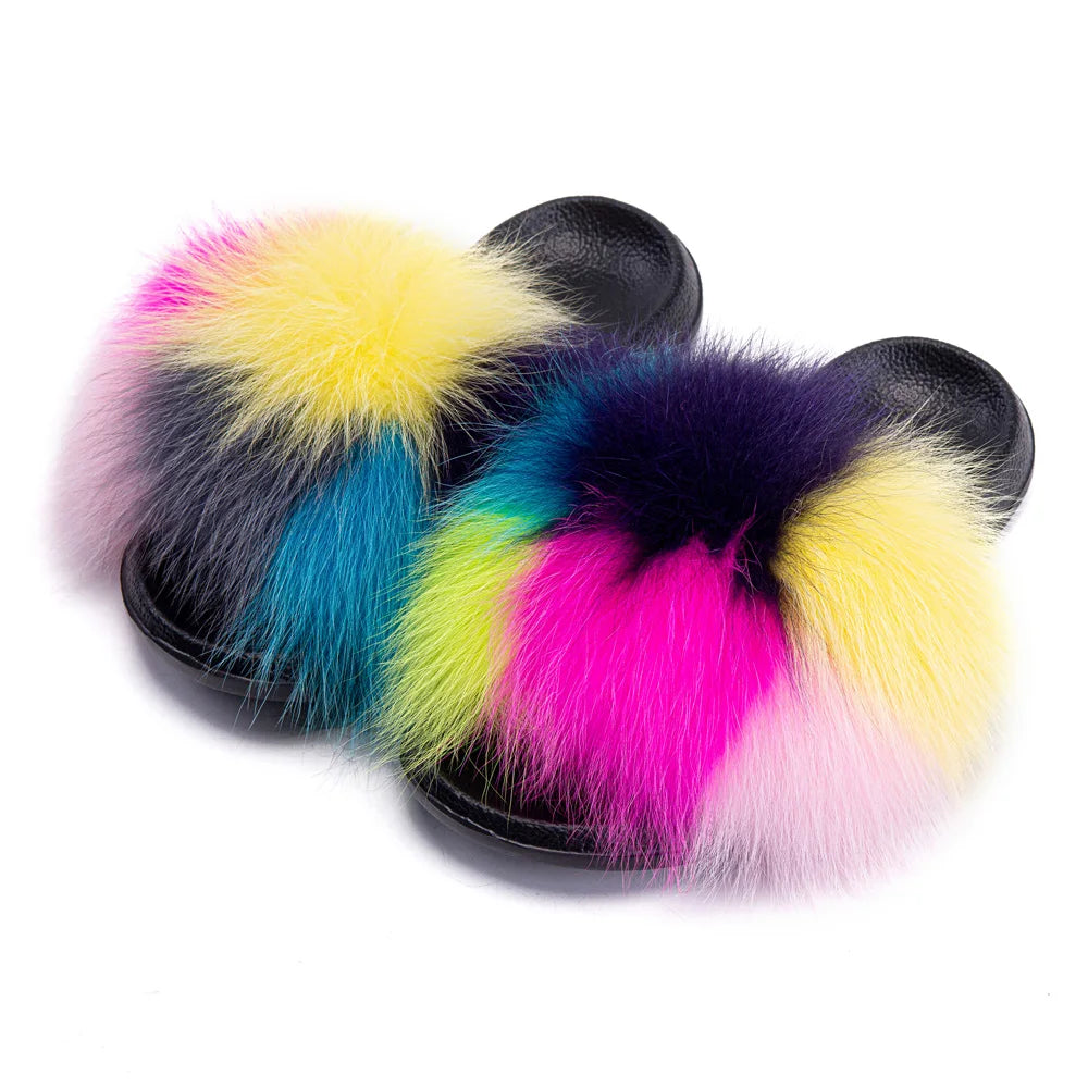 Women's Fox Fur Luxury Slides – Summer Furry Slippers