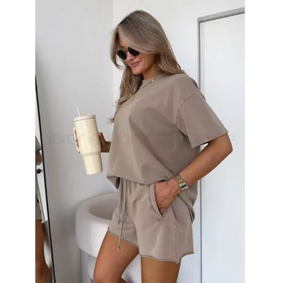 Women's Loose Washed Solid Color T-Shirt and Pants Sets
