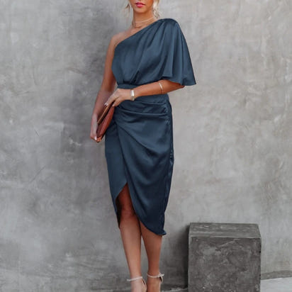 Satin One-Shoulder Ruched Bodycon Midi Dress