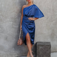 Satin One-Shoulder Ruched Bodycon Midi Dress