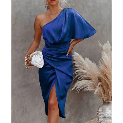 Satin One-Shoulder Ruched Bodycon Midi Dress