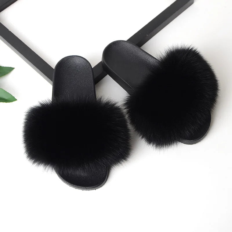Women's Fox Fur Luxury Slides – Summer Furry Slippers