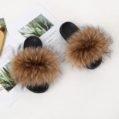 Women's Fox Fur Luxury Slides – Summer Furry Slippers
