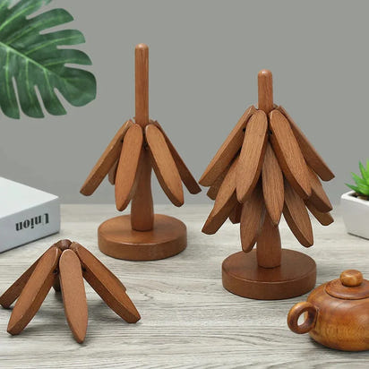(3-Trivets in 1-Tree) Wooden Christmas Tree Trivet Stand