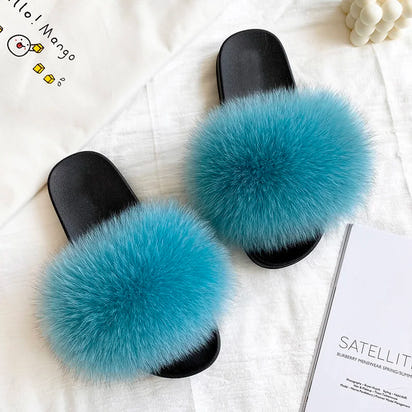 Women's Fox Fur Luxury Slides – Summer Furry Slippers