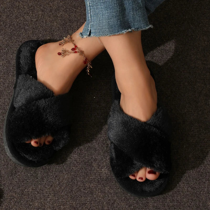 Fluffy Cross Fur Slippers