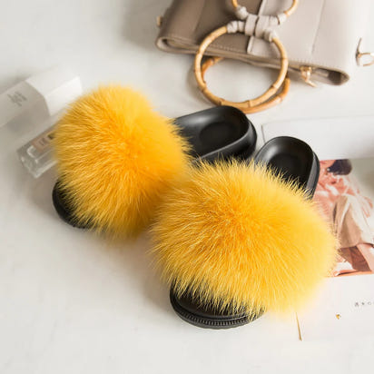 Women's Fox Fur Luxury Slides – Summer Furry Slippers