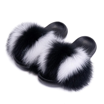 Women's Fox Fur Luxury Slides – Summer Furry Slippers