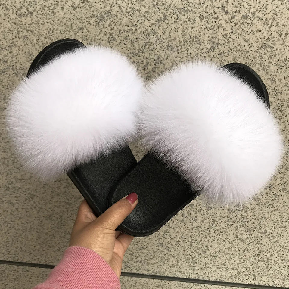 Women's Fox Fur Luxury Slides – Summer Furry Slippers