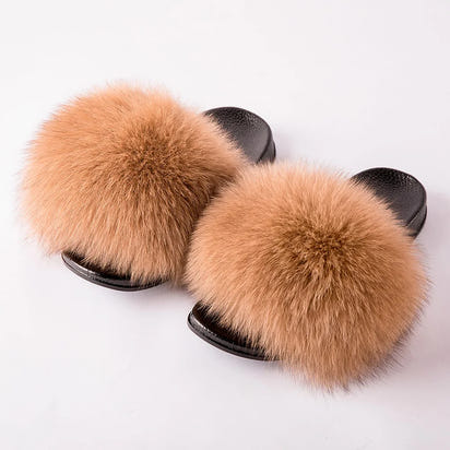 Women's Fox Fur Luxury Slides – Summer Furry Slippers