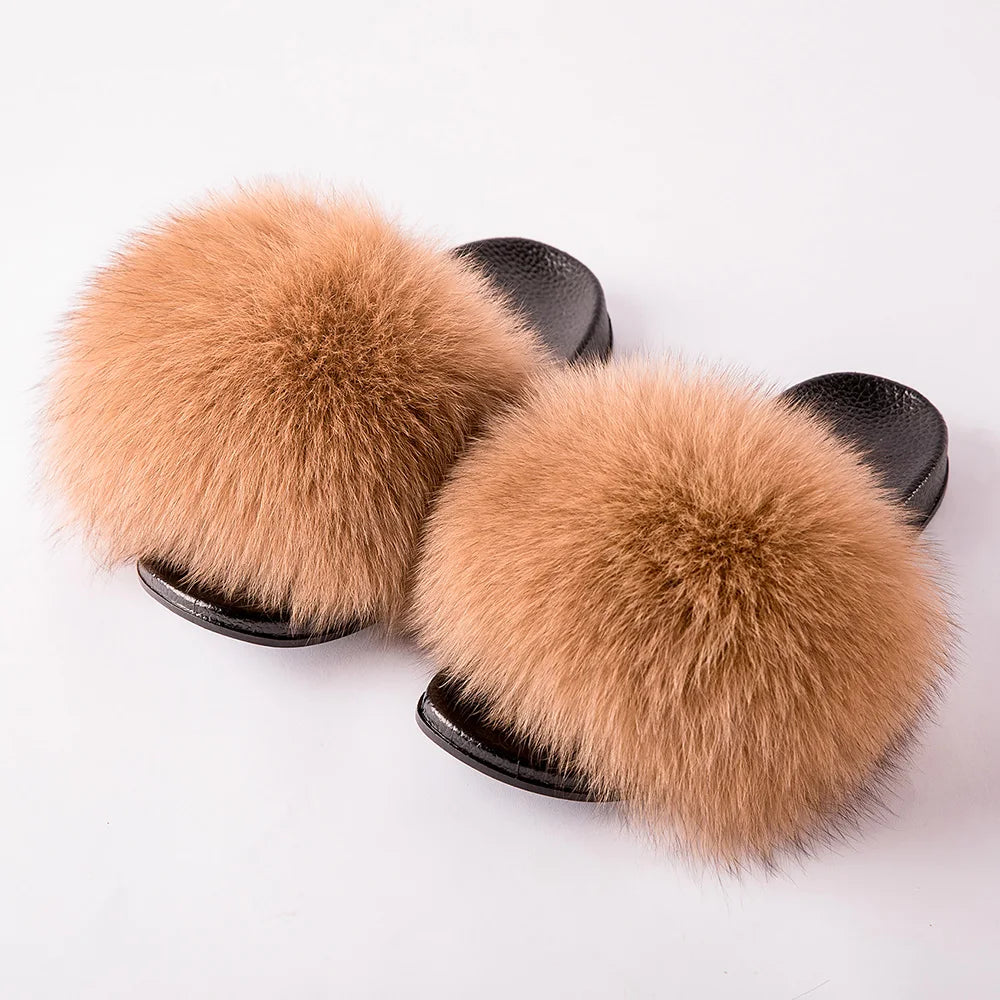 Women's Fox Fur Luxury Slides – Summer Furry Slippers