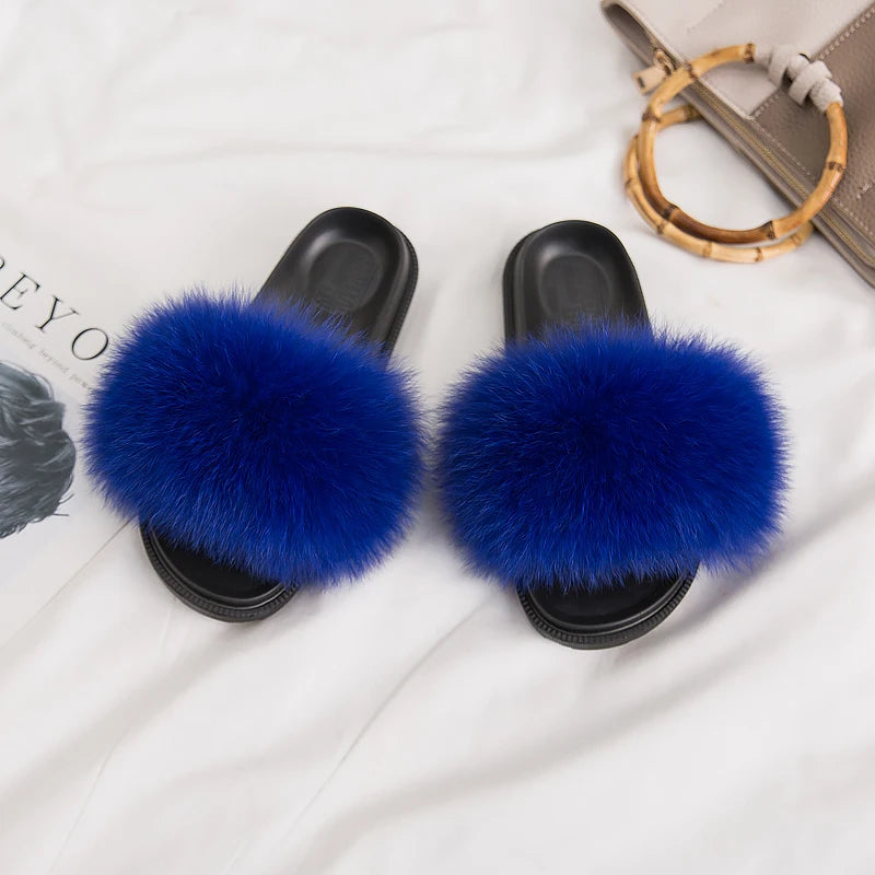 Women's Fox Fur Luxury Slides – Summer Furry Slippers