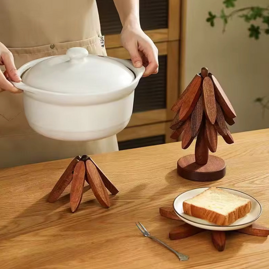 (3-Trivets in 1-Tree) Wooden Christmas Tree Trivet Stand