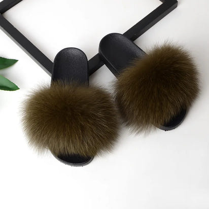 Women's Fox Fur Luxury Slides – Summer Furry Slippers