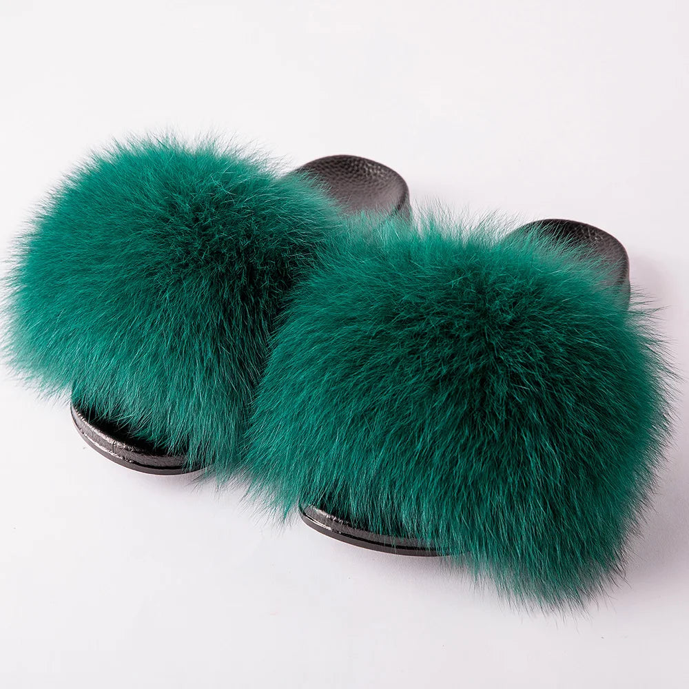 Women's Fox Fur Luxury Slides – Summer Furry Slippers
