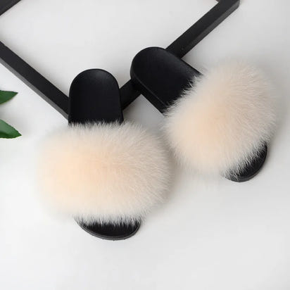 Women's Fox Fur Luxury Slides – Summer Furry Slippers