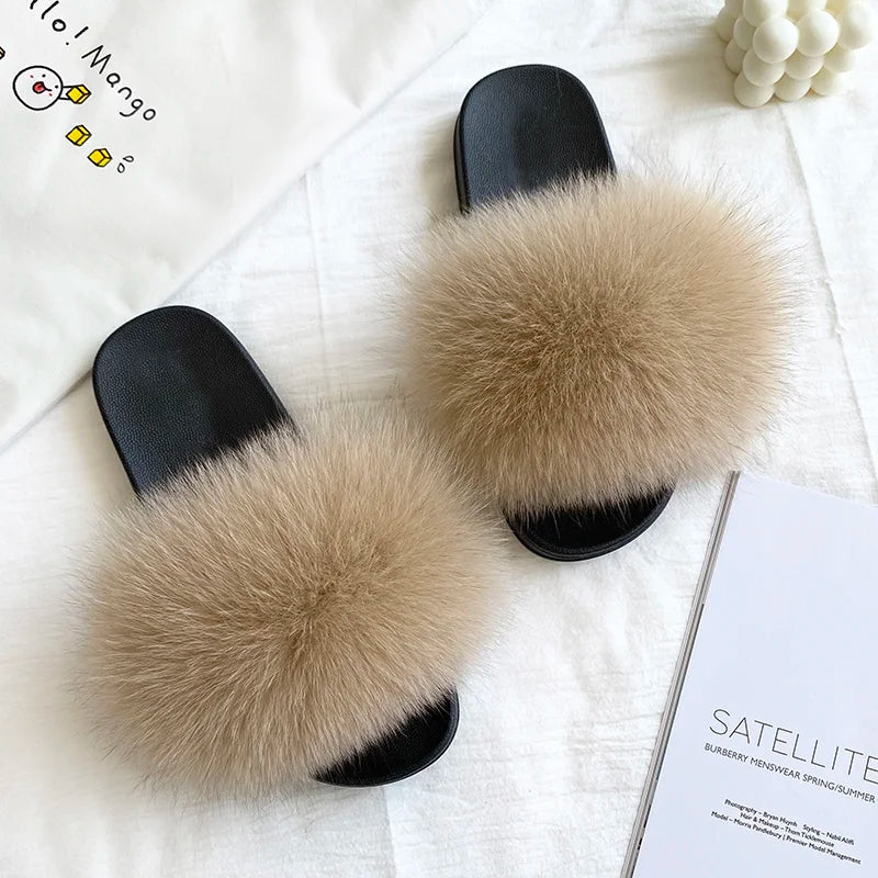 Women's Fox Fur Luxury Slides – Summer Furry Slippers
