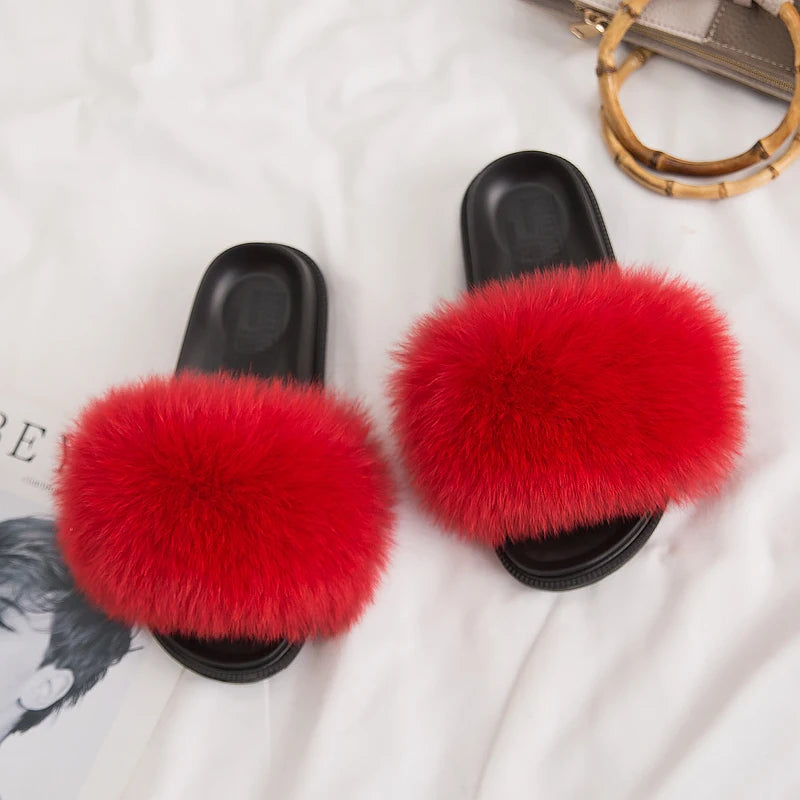Women's Fox Fur Luxury Slides – Summer Furry Slippers