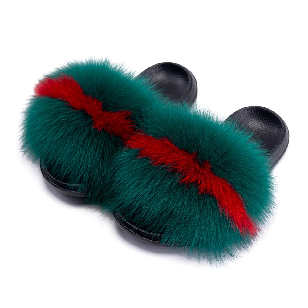 Women's Fox Fur Luxury Slides – Summer Furry Slippers