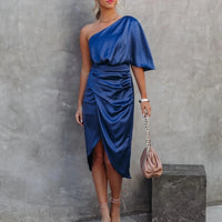 Satin One-Shoulder Ruched Bodycon Midi Dress