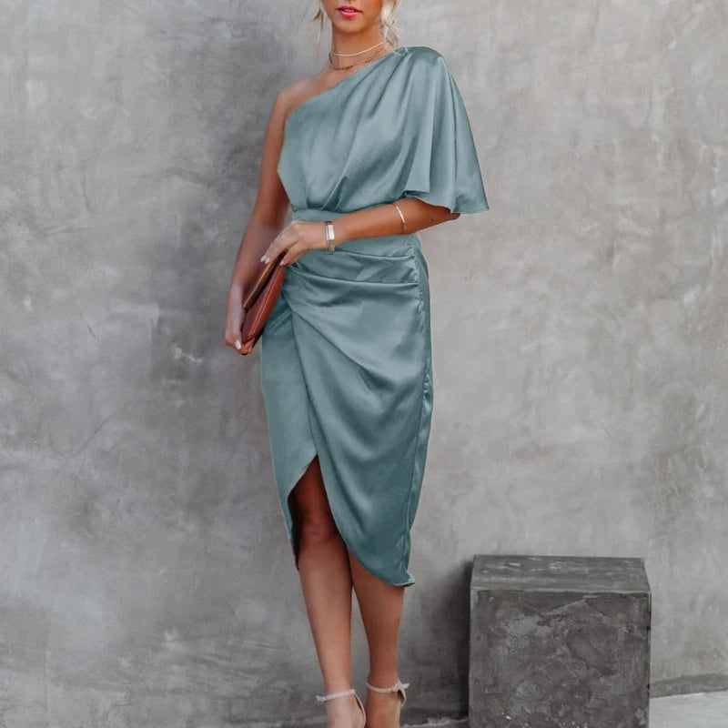 Satin One-Shoulder Ruched Bodycon Midi Dress