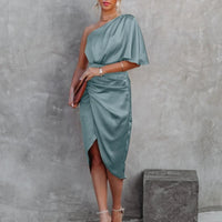 Satin One-Shoulder Ruched Bodycon Midi Dress