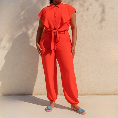 2-Piece Elegant Coral Outfit with Waist Tie