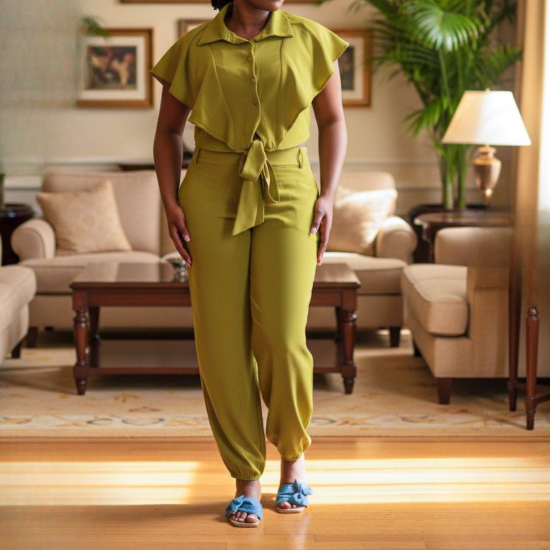 2-Piece Elegant Coral Outfit with Waist Tie