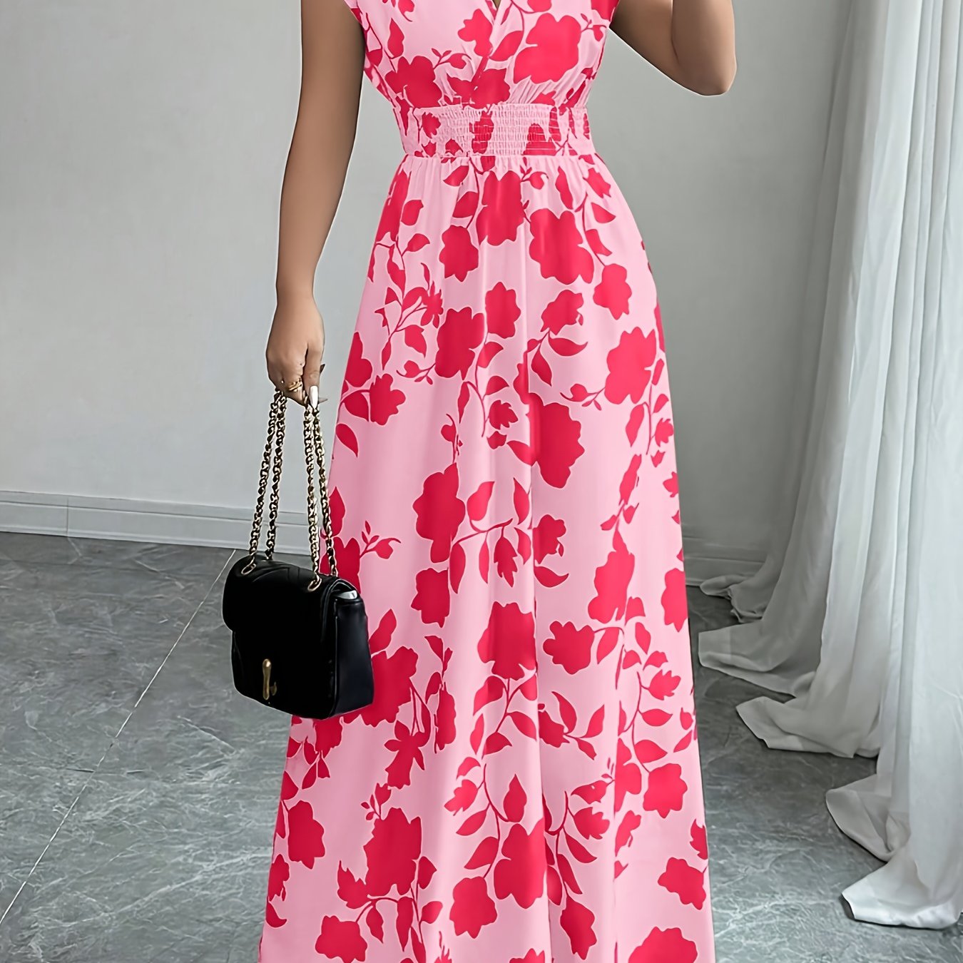 Flory' Elegant Pink Floral Maxi Dress