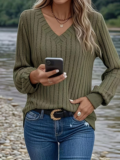 CozyRib™ Olive V-Neck Sweater