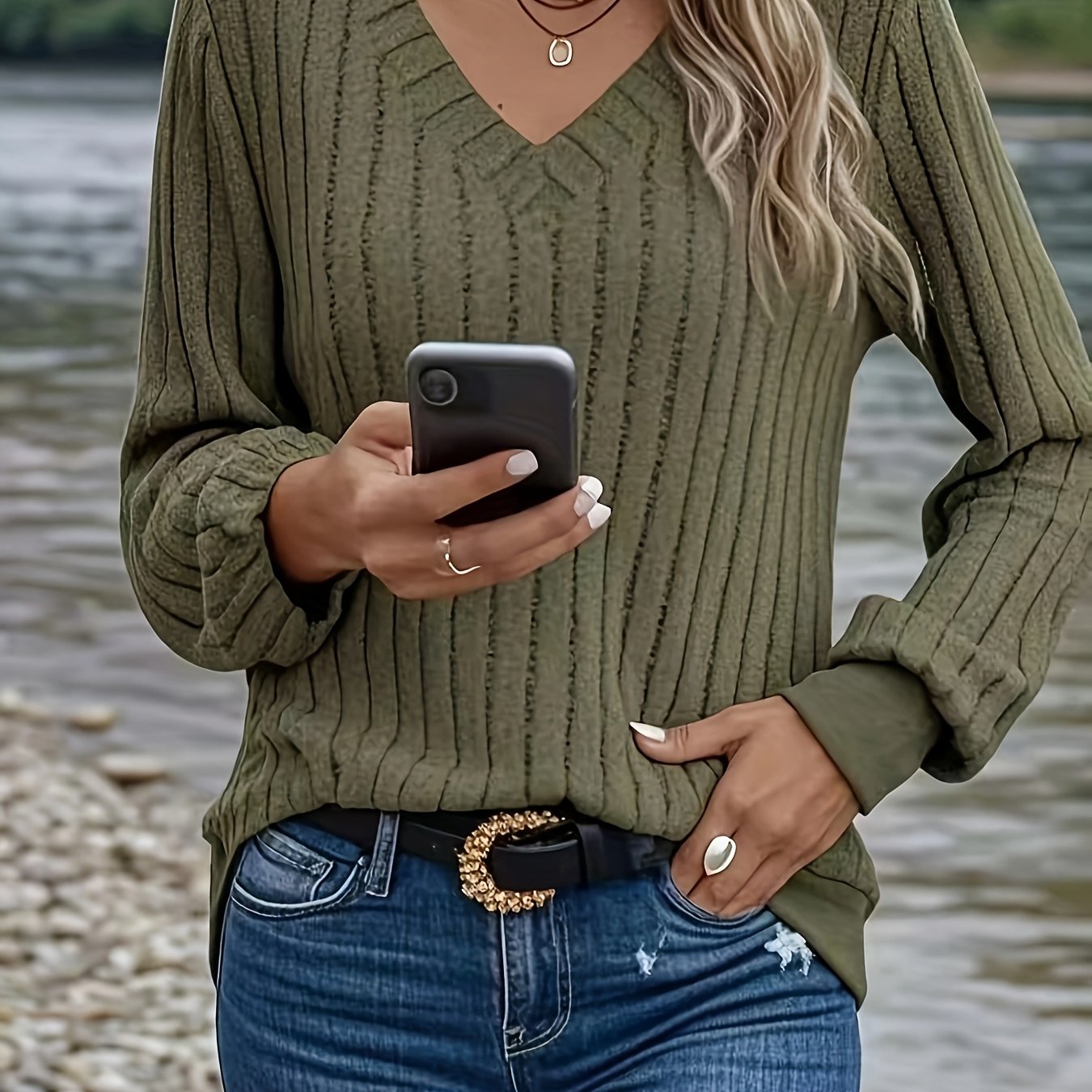 CozyRib™ Olive V-Neck Sweater