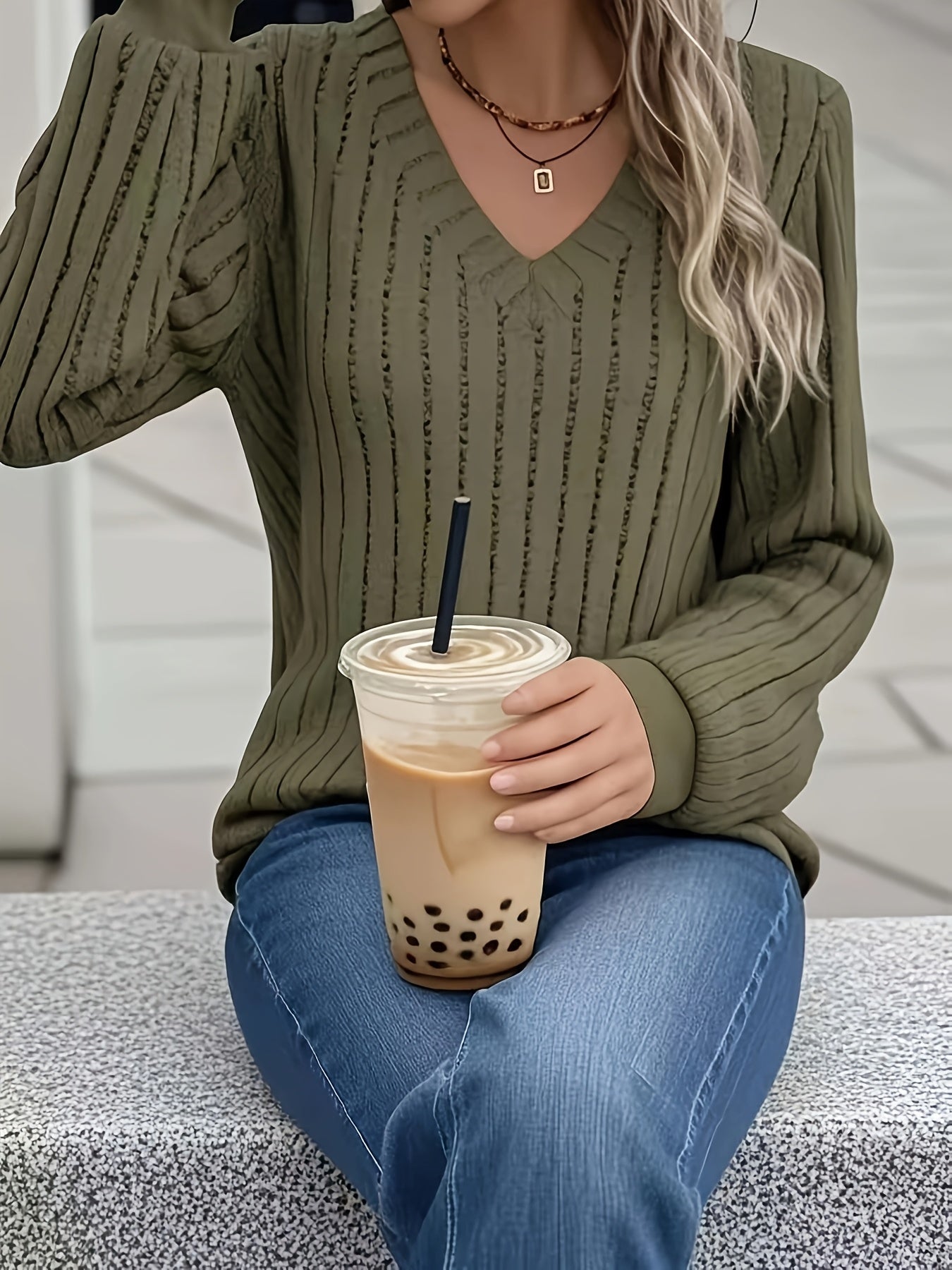 CozyRib™ Olive V-Neck Sweater